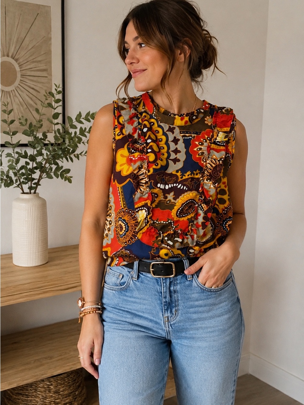 Women’s 100% Silk Sleeveless Paisley Ruffle Shell Top - Red Multi